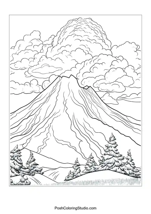 A volcano with smoke and a landscape of mountains.