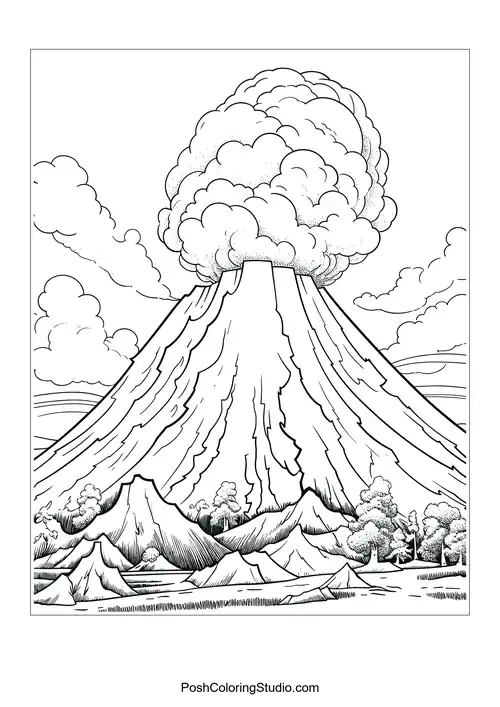 A volcano with smoke and a river in the foreground.