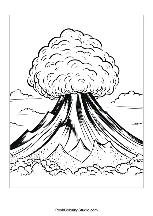 A volcano with a plume of smoke and a river.
