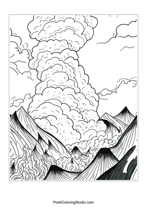 A volcano with smoke and a landscape of mountains.