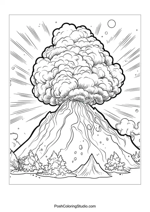 A volcano erupting with clouds and trees in the foreground.