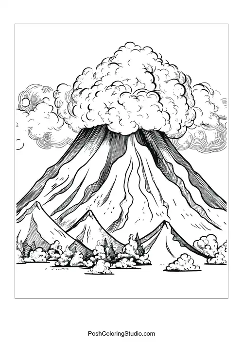 A volcano with a large cloud and rocky landscape.