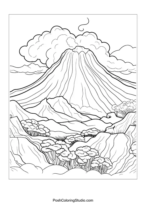 A volcano with smoke and a detailed landscape around it.
