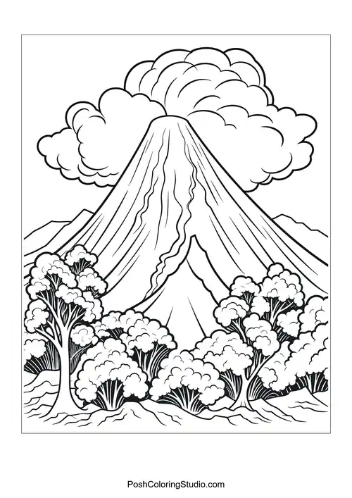 A volcano erupting with clouds and a river in the foreground.