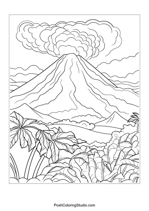 A volcano with smoke and a detailed background.