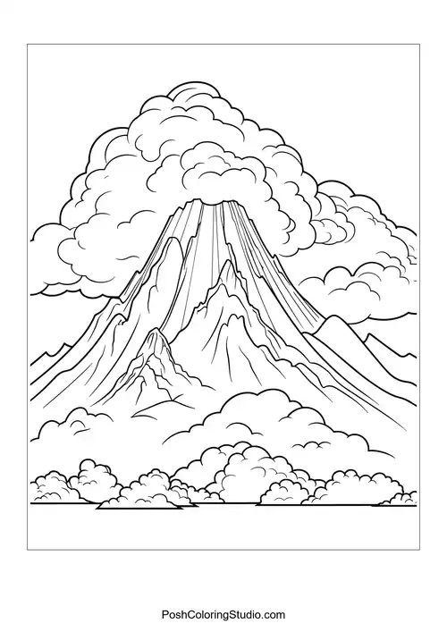 A volcano erupting with clouds and a river flowing nearby.