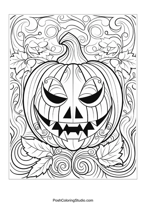 A smiling pumpkin with exaggerated features and decorative leaves.