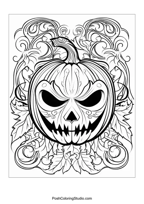 Detailed pumpkin scene shows a spooky pumpkin surrounded by ornate swirling patterns and leaves.