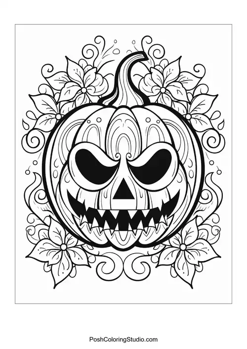 A grinning pumpkin with sharp eyes and swirling leaf patterns.