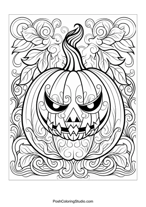Ornate jack-o'-lantern with slanted eyes, leafy flourishes, and flowing scrollwork.