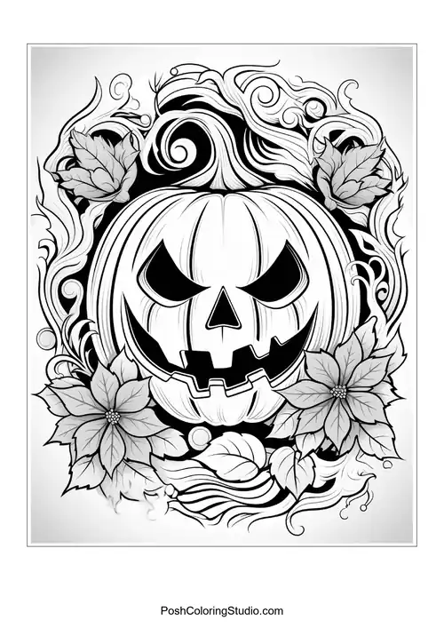 A playful pumpkin with a toothy grin and swirling decorations.