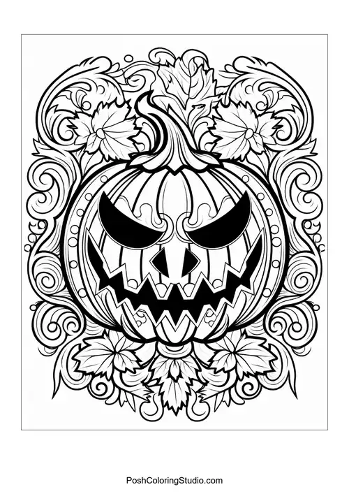 A fierce pumpkin with sharp features and elaborate floral borders.