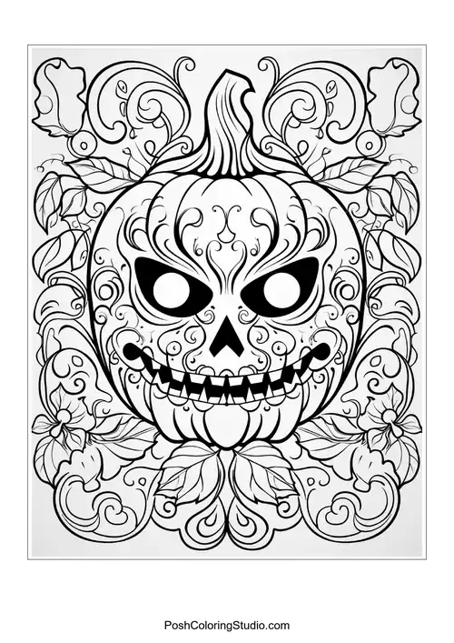 A pumpkin with a skull-like face surrounded by floral designs.