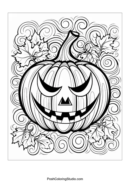 A scary Halloween pumpkin is surrounded by swirling lines and fallen autumn leaves.