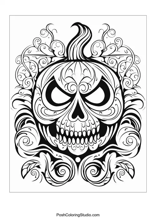A pumpkin with an angry skull face and ornate swirls.
