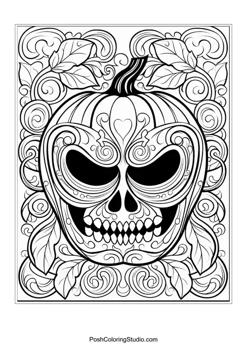 An ornate pumpkin skull sits centered amidst beautiful swirling patterns and delicate autumn leaves.