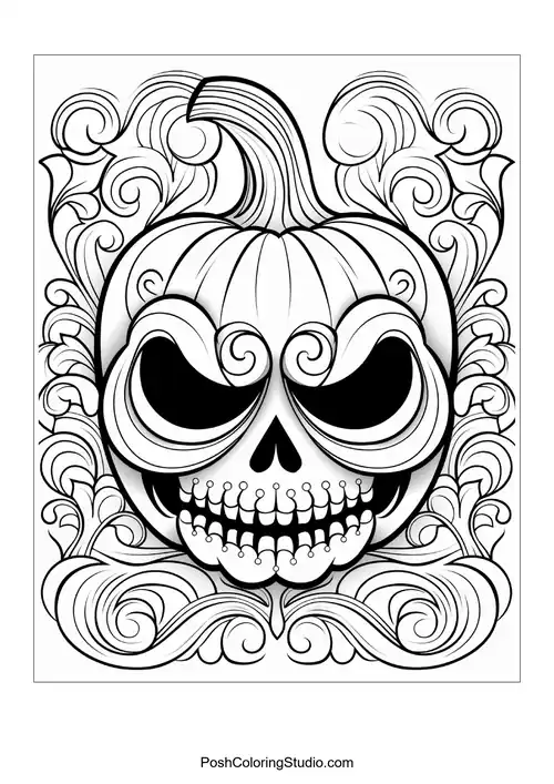 A pumpkin with a skull face adorned with floral patterns.