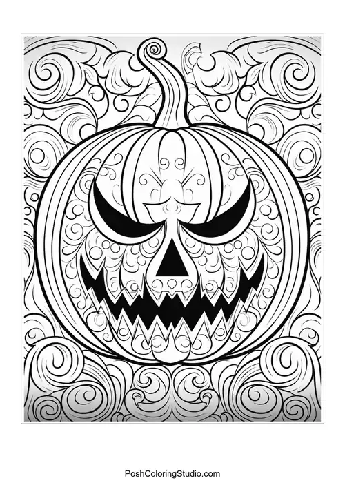 A pumpkin with a fierce expression and swirling designs.