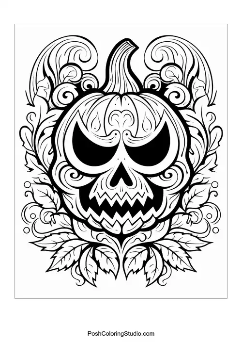 A pumpkin with sharp teeth and a swirling background.