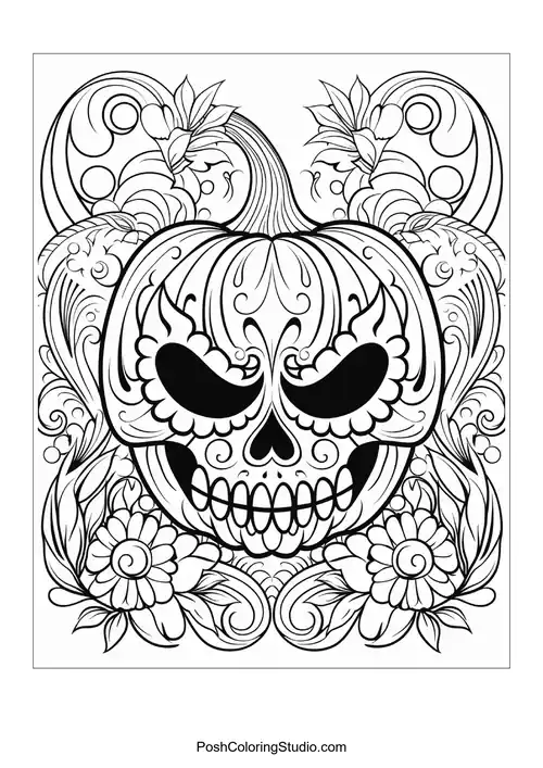 A pumpkin with a skull face and floral accents.