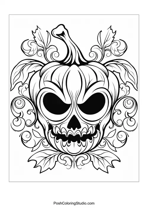 A pumpkin with a fierce grin and ornate leaf patterns.