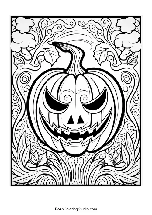 A pumpkin with a mischievous smile and decorative swirls.