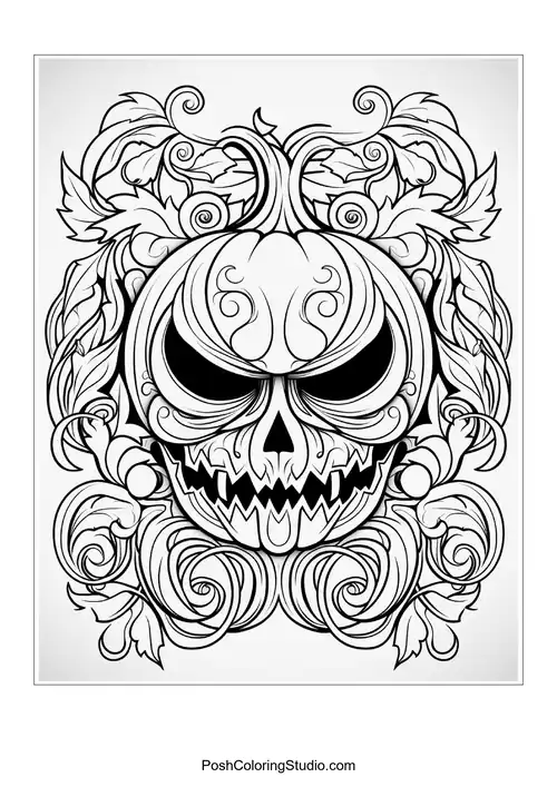 A pumpkin with a skull face and detailed floral elements.