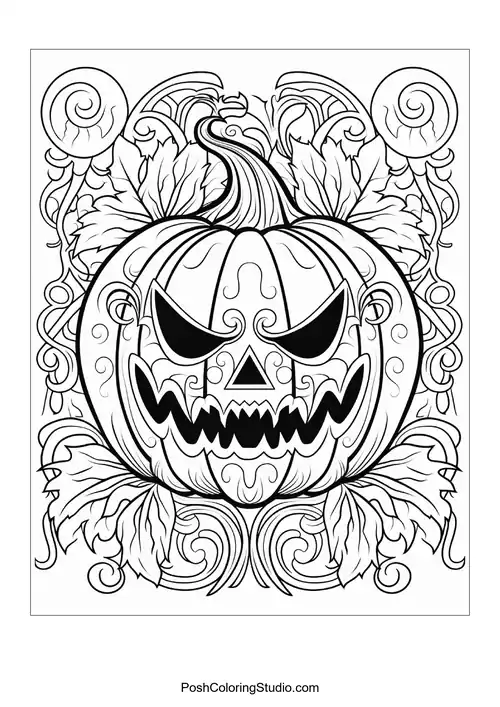 A spooky pumpkin with a jagged grin is surrounded by intricate scrollwork and leaves.