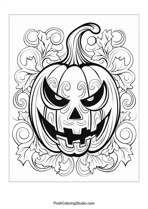 A pumpkin with a fierce expression and floral designs.
