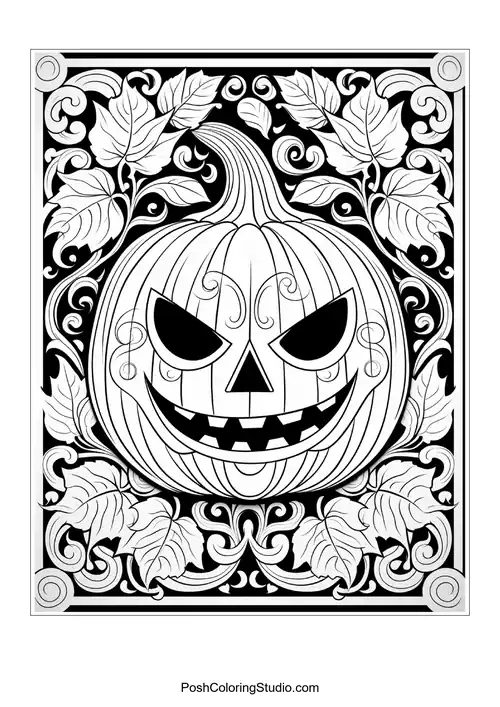 A pumpkin with a skull face and swirling leaf patterns.