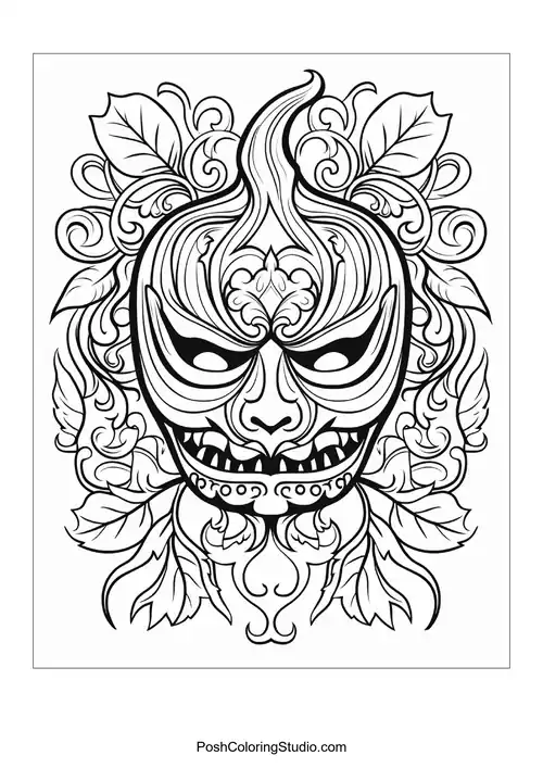 This intricate features a stylized pumpkin demon face surrounded by ornate leaves.