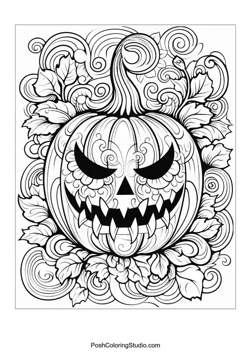 A spooky jack-o'-lantern with sharp teeth is surrounded by intricate swirling patterns and leaves.