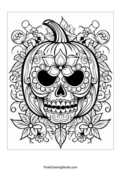 A pumpkin with a playful grin and floral embellishments.
