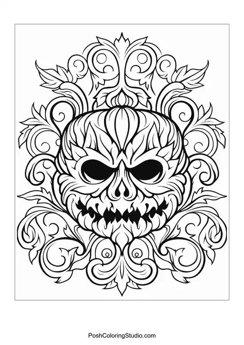A pumpkin with a fierce grin and decorative swirls.