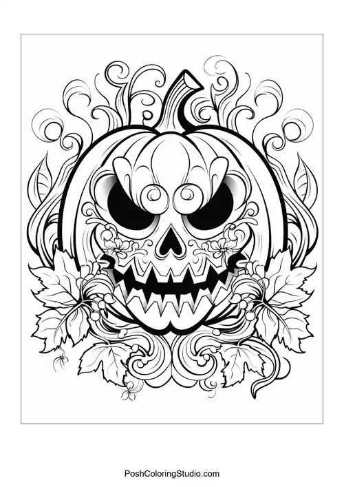 Spooky pumpkin with floral face details, twisting vines, and autumn leaves.