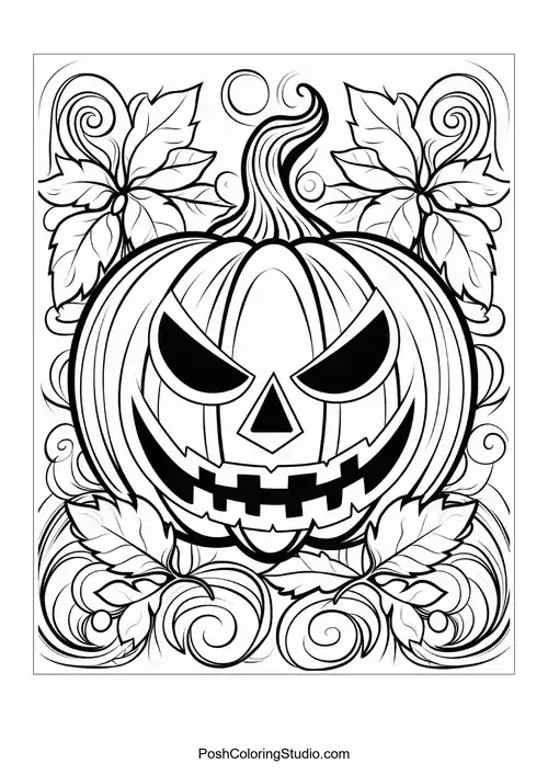 Menacing carved pumpkin surrounded by decorative leaves, curls, and swirling filigree.