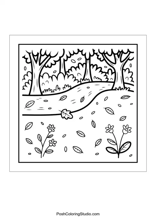 A winding path through trees with flowers and leaves.