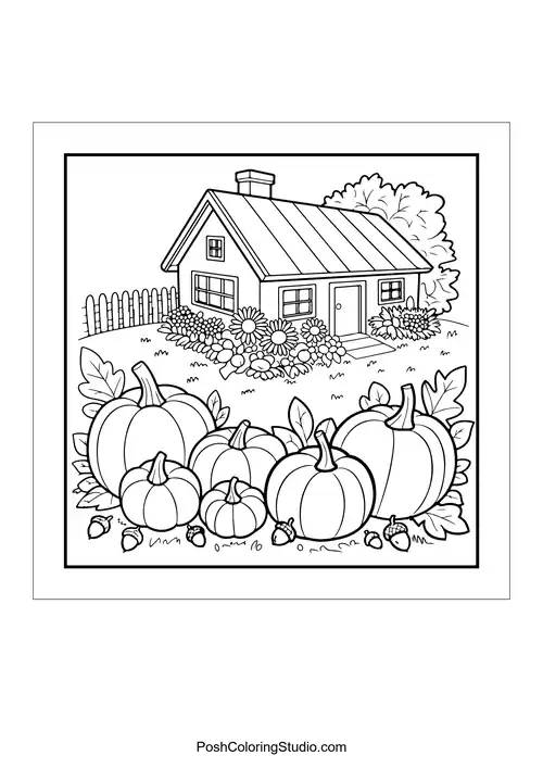 A cozy house with pumpkins and sunflowers in the yard.