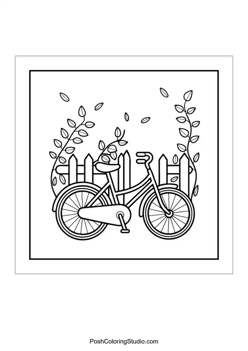 A bicycle next to a picket fence and leaves.
