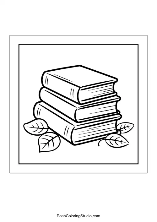 Three stacked books with leaves beside them.