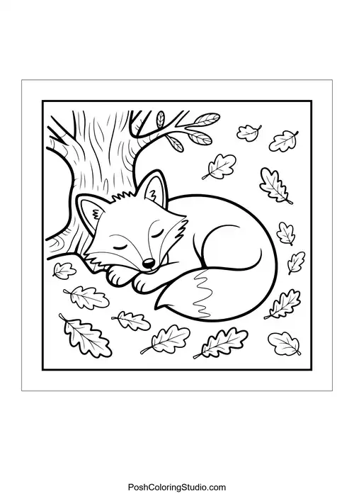 A sleeping fox curled up under a tree with leaves.