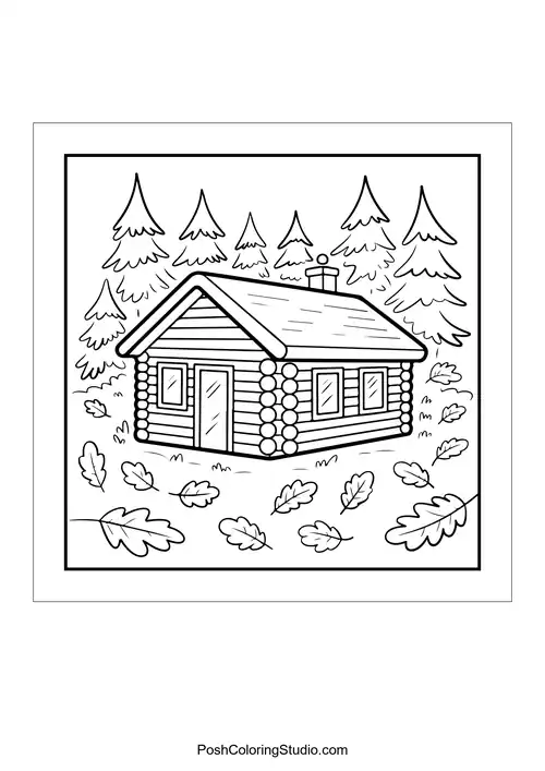 A log cabin surrounded by trees and leaves.