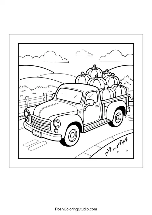 A truck loaded with pumpkins on a road.