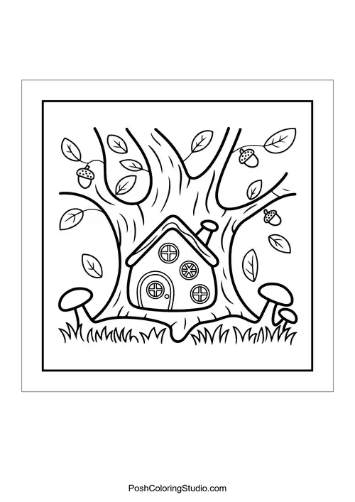 A whimsical tree house with mushrooms and acorns.