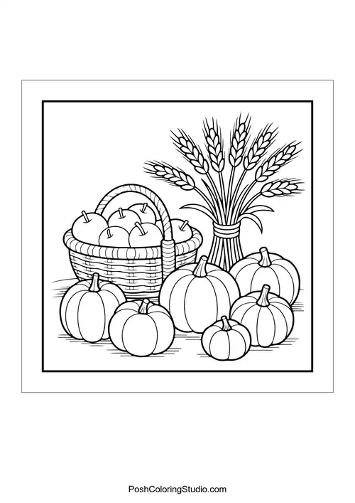 A basket filled with various pumpkins and wheat.
