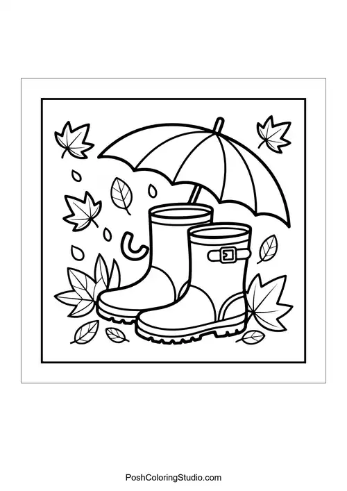 Rain boots and an umbrella surrounded by leaves.