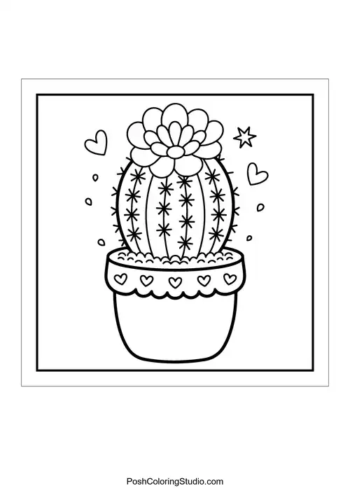 A cactus in a pot with hearts and a star.