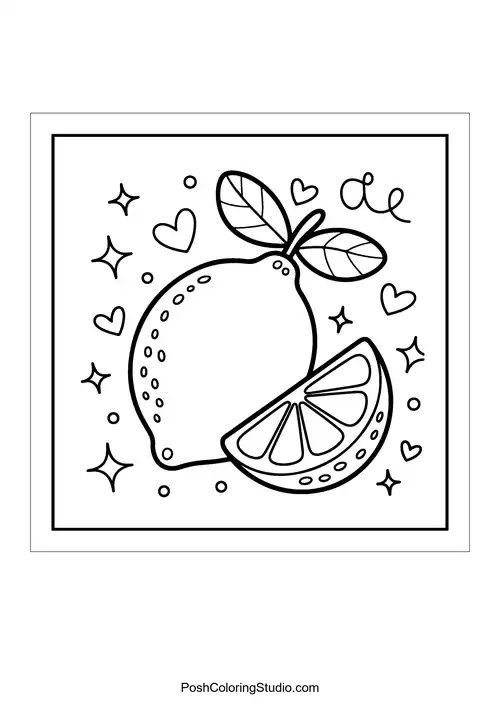 A lemon with a slice and decorative hearts.