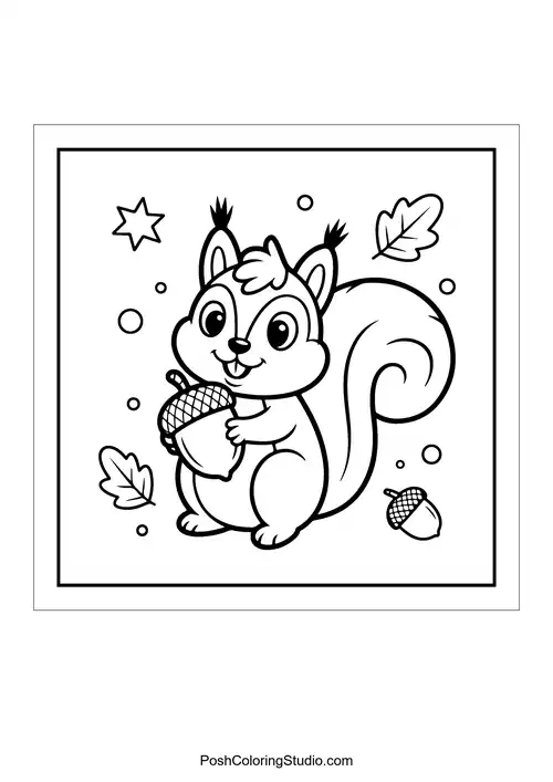 A happy squirrel holding an acorn with leaves.