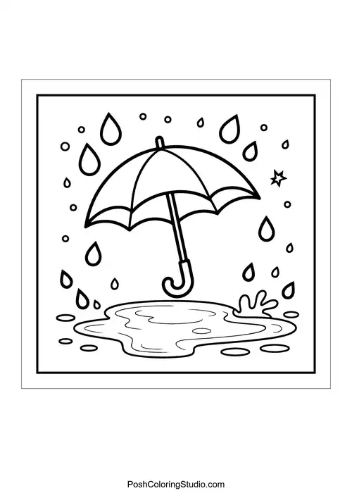 An umbrella over a puddle with raindrops.